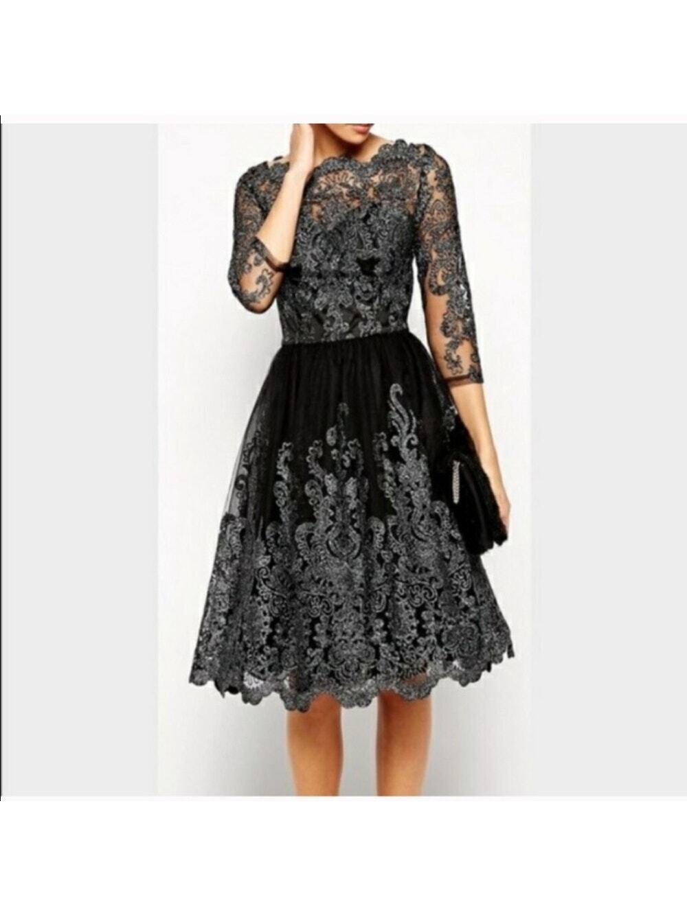 Chi Chi Chi London, US Size 18 or UK 22, Dress, Black Lace w/ Silver Embroidery